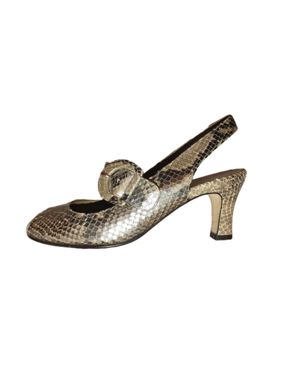 Anyi Lu Tulip Slingback Metallic Silver Snakeskin Kitten Heels Size 35.5